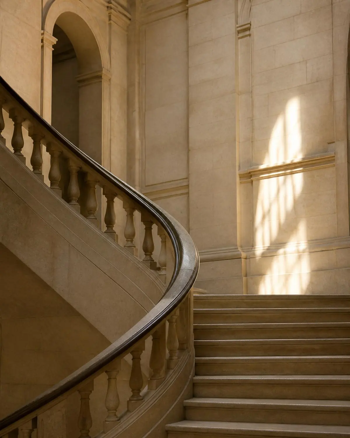 Sunlit limestone stairwell with a curved handrail in a historic institutional building