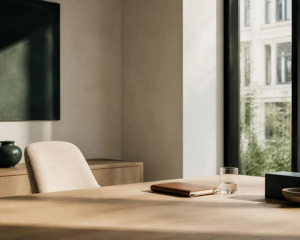 A quiet workspace by a tall window in the Northbridge Advisory offices