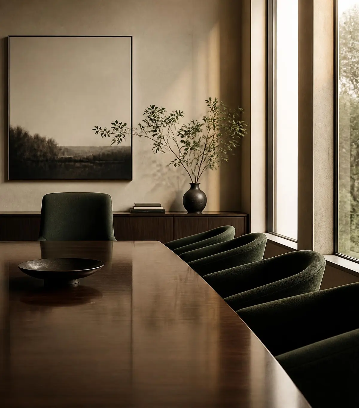 Quiet advisory boardroom with a walnut table and soft daylight